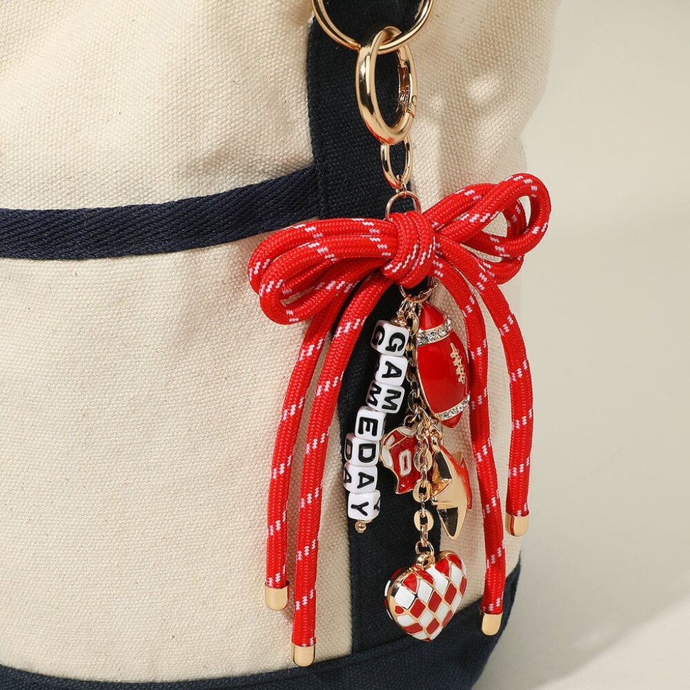 Football Theme RED & WHITE GAMEDAY Bag Charm Beaded Bow Accent Keychain